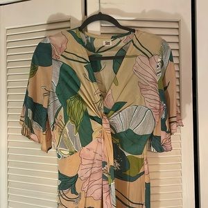 Midi dress with sleeves, v-neck, size M, blush and green, soft fabric